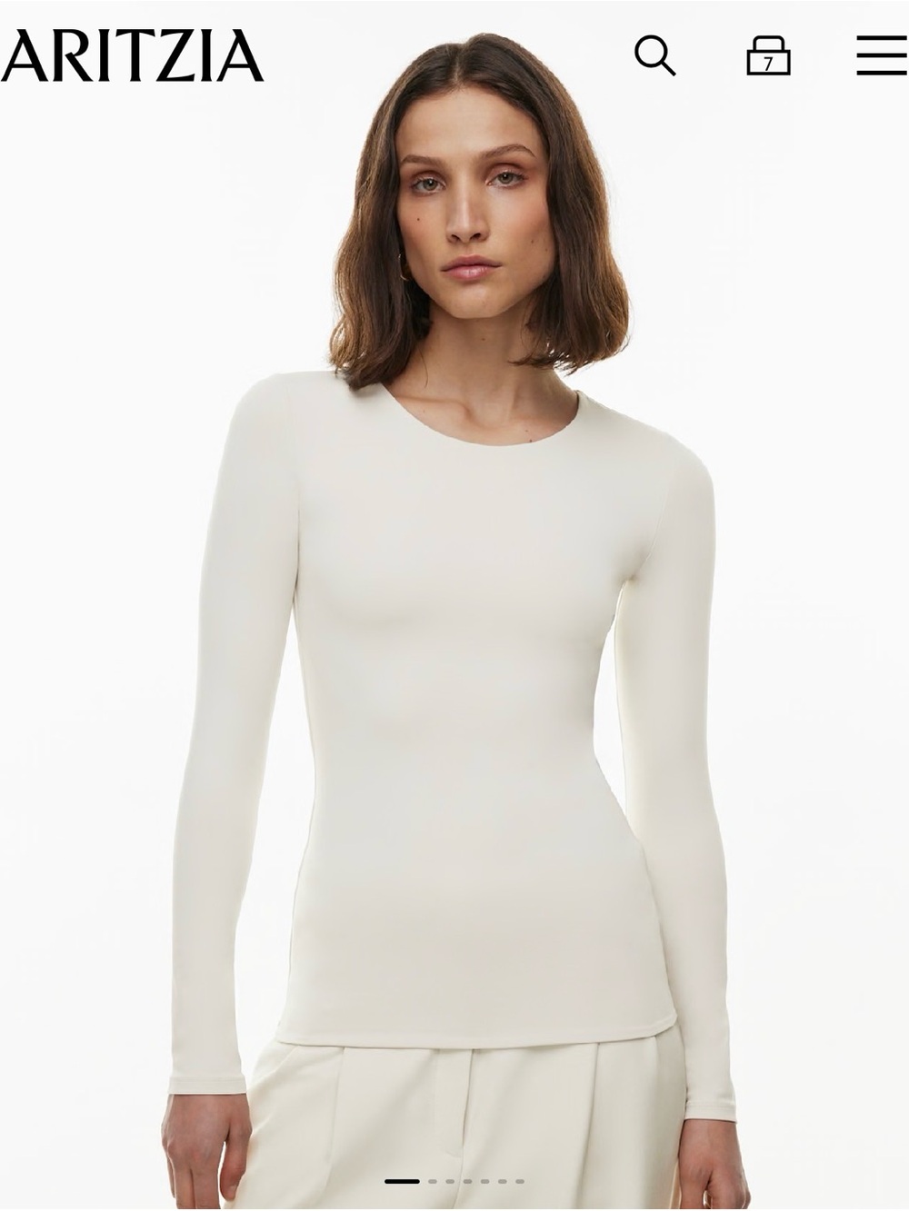 Aritzia Cream Long-Sleeve Fitted Crewneck Top